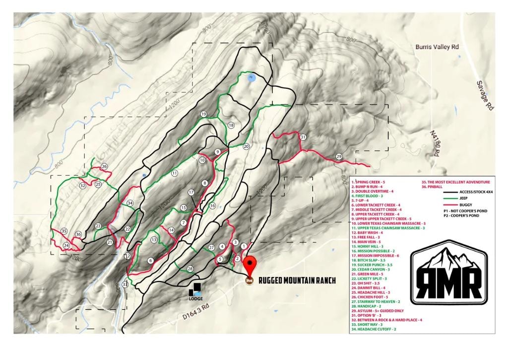 Rugged Mountain Ranch trail map showing all 36 named trails color-coded by vehicle type